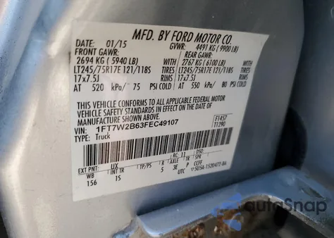 2015 Ford F250 Super Duty из США, поврежденный, VIN 1FT7W2B63FEC49107